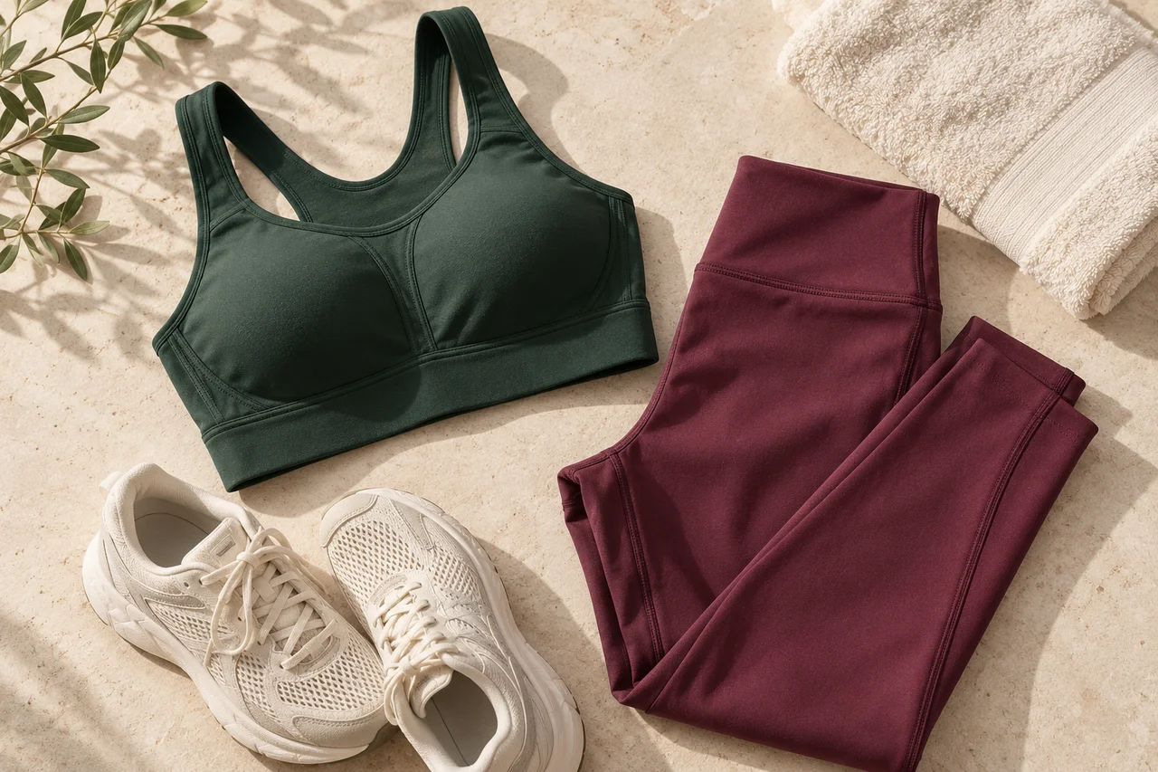 Brassière verte, legging prune, chaussures et serviette disposés sur une surface claire.